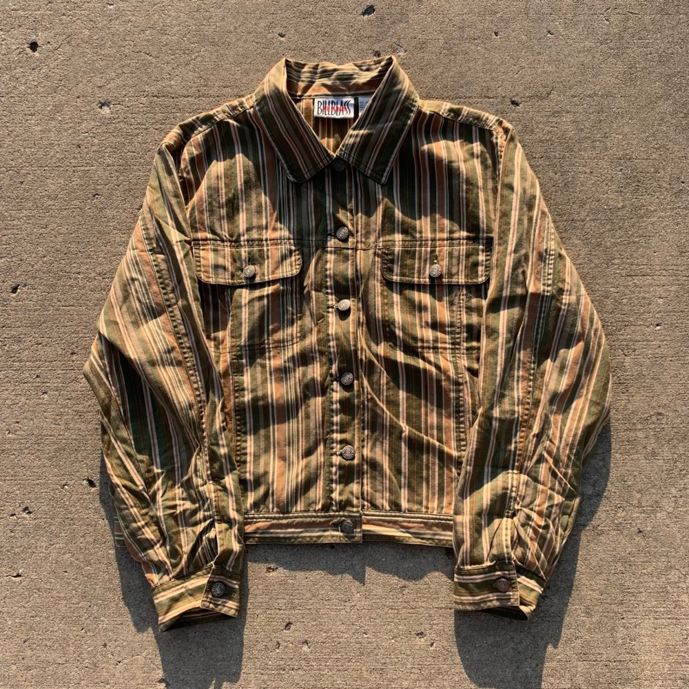 Bill Blass Jeans Vintage Striped Linen Blend button up Olive Tan Large